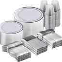 N9R 600PCS Silver Disposable Plastic Plates, Silver Plastic Dinnerware Set Includes 100 Dinner Plates, Dessert Plate, Cups, Spoons, Forks, Knives for 100 Guests, Perfect for Party, Wedding, Birthday