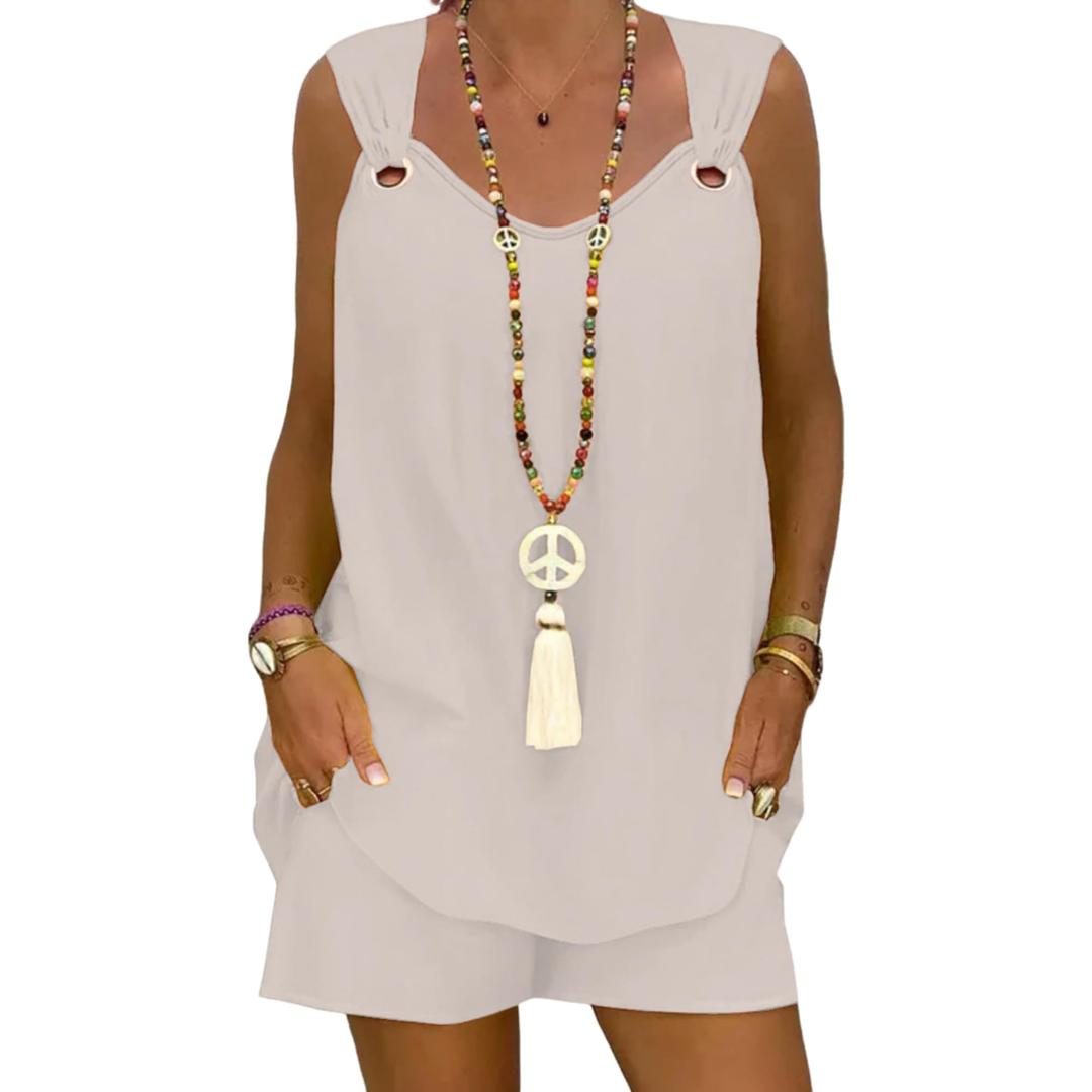 HVT Women's 2 Piece Outfit O-Ring Strap Tank Top Shorts Set Loose Fit Casual Lightweight Matching Set for Daily & Beach (Beige, M)
