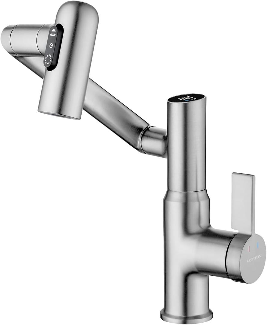 Lefton Rotatable Bathroom Faucet with Temperature Display in Fahrenheit (Batteries-Free), 3 Water Modes, Brushed Nickel, BF2204-0