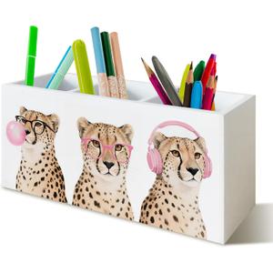 Trendy Funny Leopard Pen Pencil Holder Organizer for Desk, Cheetah Room Decor, Preppy Girly Y2k Aesthetic Cheetah Wooden Box Block Sign for Home Office Tabletop Decor
