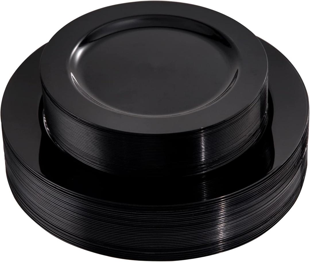 FLOWERCAT 60PCS Black Plastic Plates - Heavy Duty Black Disposable Plates for 30 guests Graduation Party/Wedding/Memorial Day - Include 30PCS 10.25inch Dinner Plates and 30PCS 7.5inch Dessert Plates