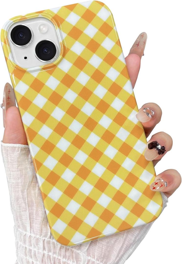 for iPhone 14 Case, Cute Gingham Pattern Aesthetic Phone Case, Stylish Shockproof Soft TPU Phone Cover for Women Girls, Light Yellow