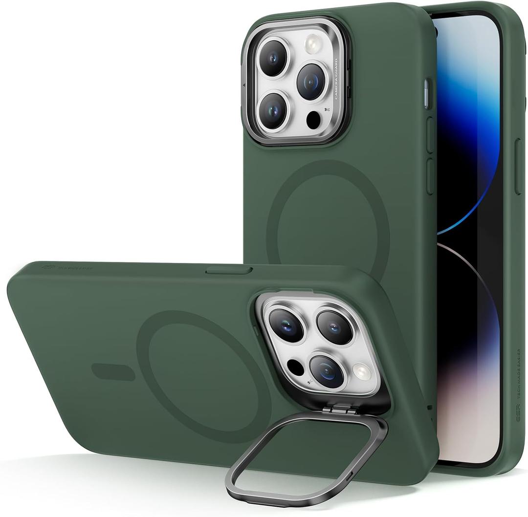 ESR for iPhone 14 Pro Max Case, MagSafe Silicone Case with Stand, Military-Grade Protection, Built-in Camera Stash Stand, Magnetic Phone Case for iPhone 14 Pro max, Cloud Series,Green