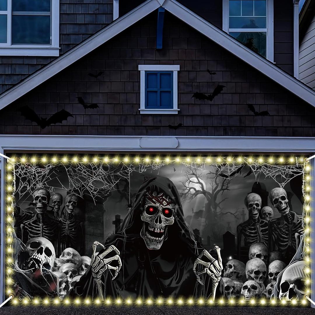 Preboun Halloween Garage Door Banner Cover with Grommets 6 x 13 ft Halloween Decorations Set Scary Skeleton Creepy Garage Door Decorations for Garage