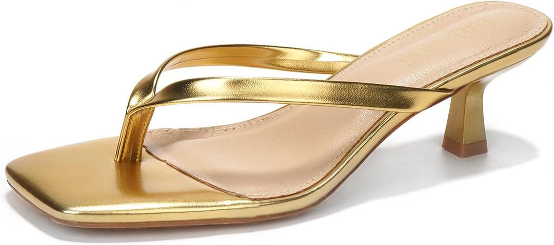 Women's Kitten Heels Sandals Square Open Toe Flip Flop Heels 1.8-2 Inch Heeled Sandals for Women (Gold), 8