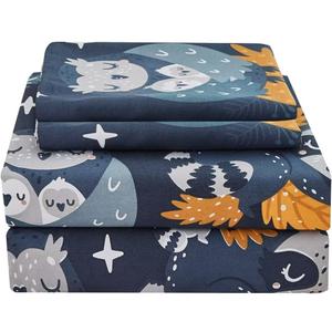 JSD Navy Blue Owl Kids Sheet Set Full Size, 4 Piece Forest Animals Printed Microfiber Bed Sheets Deep Pocket