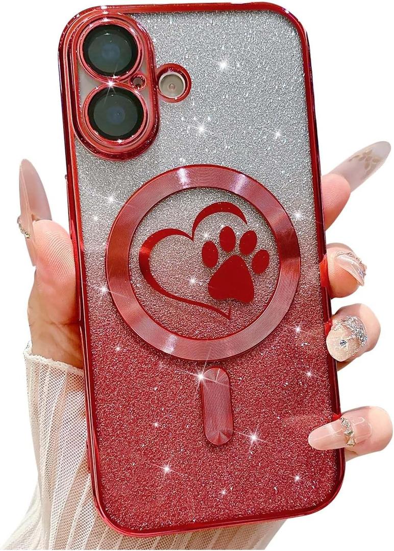 for iPhone 17 Case, Glitter Clear Cute Paw Love Heart, Compatible with MagSafe, Strong Magnetic Full Camera Lens Protection Cover, Soft Slim Bling Phone Case 6.3" - Red