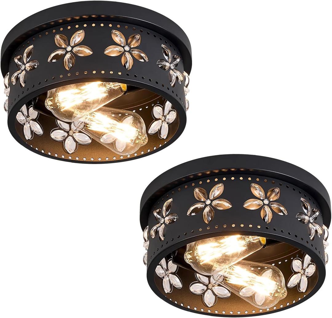 10.6 inch Black Flush Mount Ceiling Light Fixtures, 2-Light Ceiling Mount for Industrial, Crystal Light Fixtures for Farmhouse, Bedroom, Living Room, Kitchen, Hallway and Foyer (2 Pack)