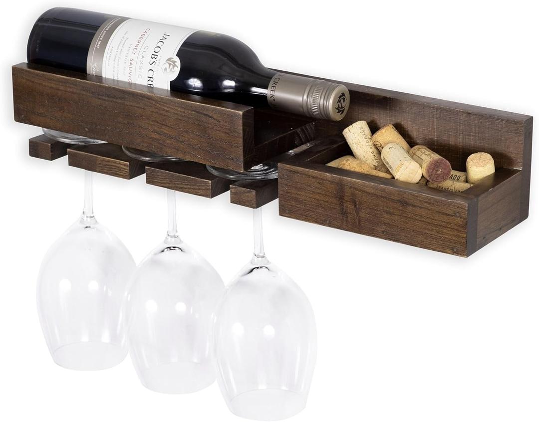 Rustic State Semillon Wall Mounted Wine Rack and Cork Storage Holder Shelf Organizer with 3 Stemware and 3 Bottle Capacity - Home, Kitchen, Dining Room Bar Décor - Walnut