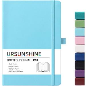 Dotted Journal/Notebook - Dot Grid Hard Cover Notebook, Premium Thick Paper with Fine Inner Pocket, Black Smooth Faux Leather, Pen Loop, 5.3'' x 8.26'' - Light Blue