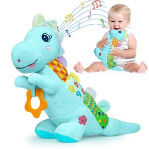 Baby Dino Musical Stuffed Animal Toys for 0-3-6-9-12 MonthsInfant Dinosaur Tummy Time Toys with Crinkle Sound Paper,TeetherTextures & Rattles for Newborn Boys Girls Birthday Gifts Blue