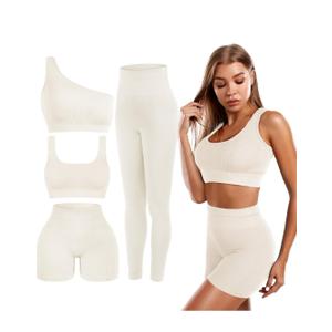 4 Pcs Women's Workout Sets Pilates Exercise Outfit Ribbed Scoop Neck Sports Bra Shorts Leggings Gym Clothes Set Large