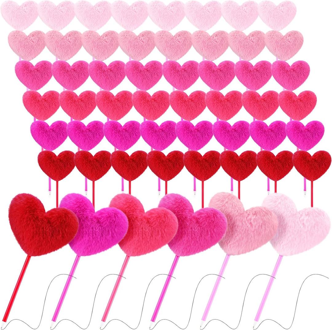 Zhanmai 48 Pcs Valentine's Day Heart Shape Pom Pom Ballpoint Pens Colorful Fluffy Ball Pen Bulk for Teacher Women Office Party Supplies Wedding Gift
