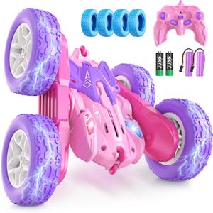 Remote Control Cars for Girls, 2.4GHz RC Stunt Car with 360 Flips & Double Sided Driving, Changeable Wheels, LED Headlights, Birthday Gift for 5-12 Year Old Girls (Pink)