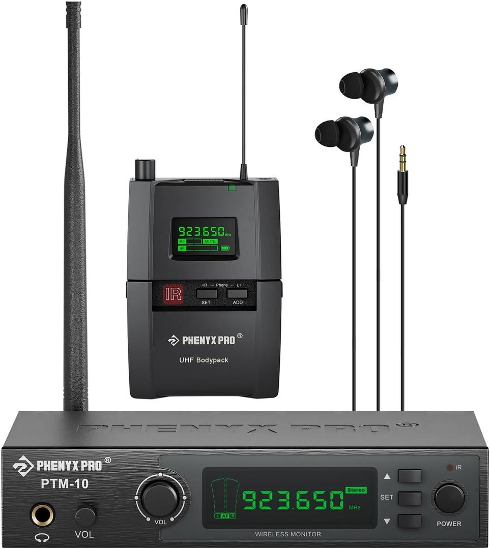Phenyx Pro UHF Stereo Wireless in Ear Monitor System, Wireless IEM, 900MHz Band Selectable Frequency, Rack Mountable, 160 ft. Operation, Suitable for Stage, Studio, Exhibit, Lecture, Speech (PTM-10) (1 receiver +1 transmitter)