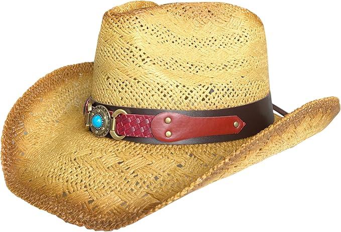 Western Outback Cowboy Hat Men's Women's Style Straw Felt Canvas, Beige Blue Stone W/Red Strap, One size