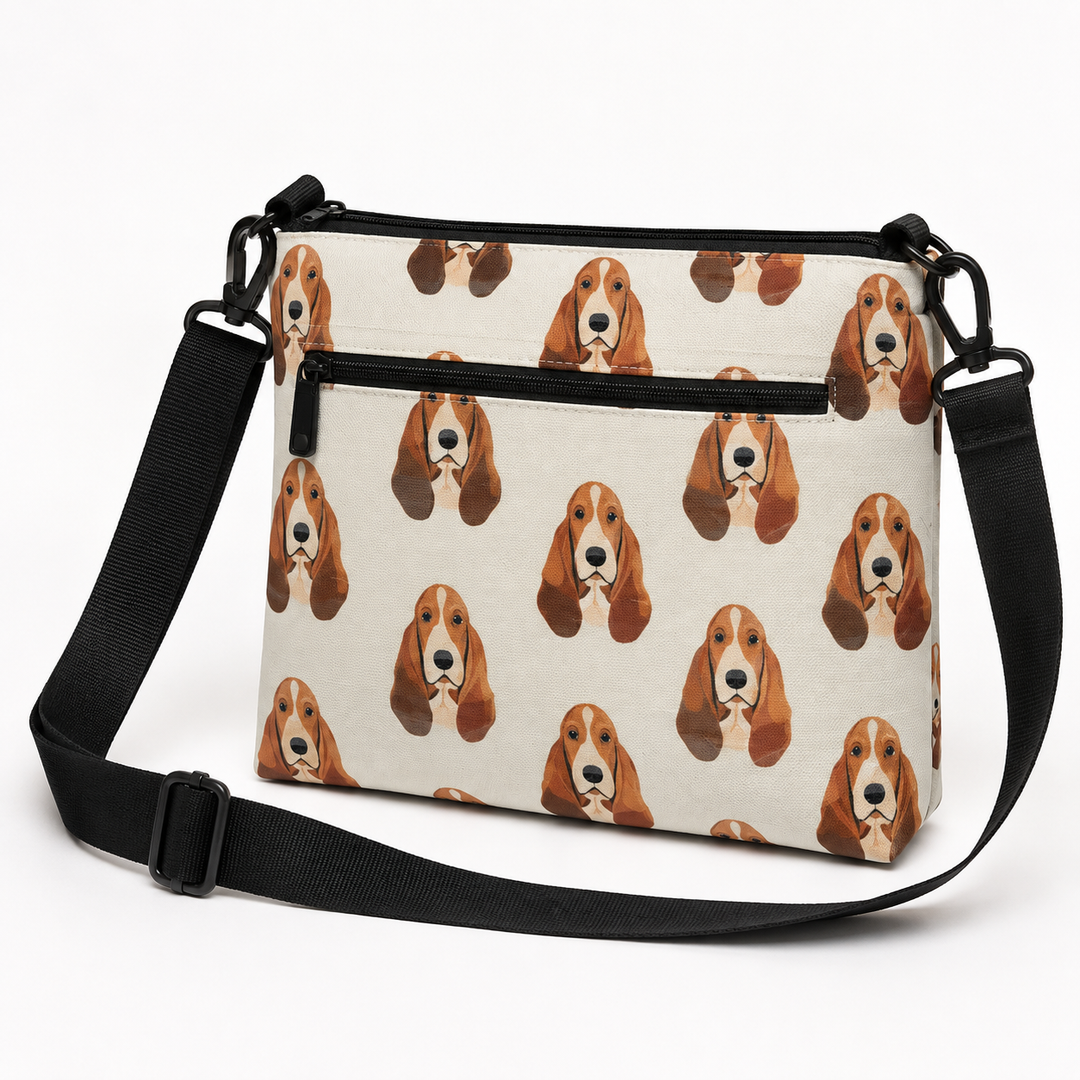 Basset Hound Crossbody Bag for Women, Cute Dog Print Shoulder Bag with Adjustable Strap, Zipper Pockets, Lightweight Casual Travel Purse