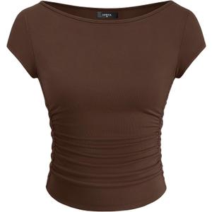ZESICA Women's Summer Boat Neck Short Sleeve T Shirts 2026 Spring Slim Fit Y2k Going Out Crop Tops Basic Trendy Outfits (Brown, S)