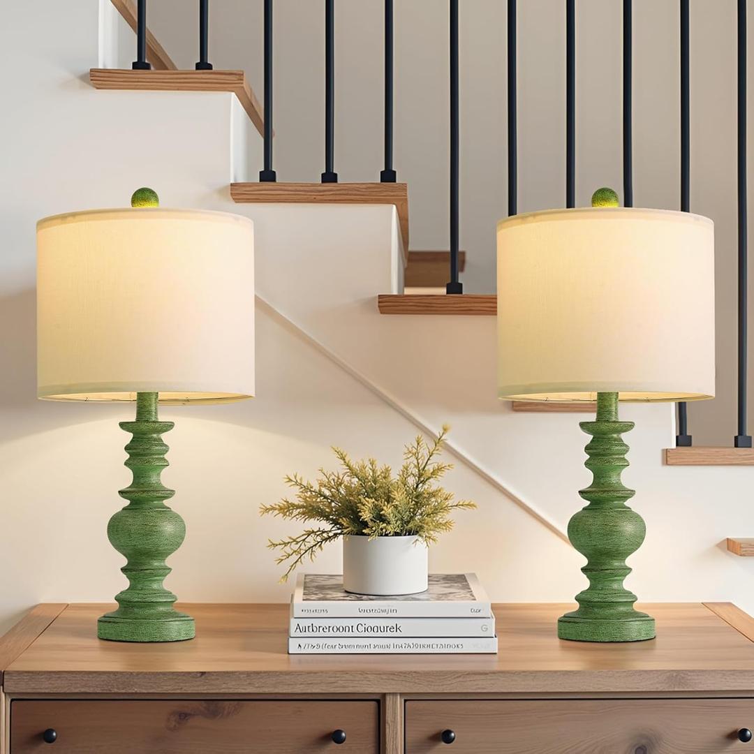 BOBOMOMO 20" Sage Green Table Lamps Set of 2 Farmhouse Resin Bedside Lamps with Linen Shades, Handcrafted Traditional Rustic Lamp for Bedroom, Living Room, or Corner Ideal for Small Spaces