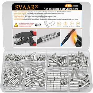 SVAAR 115 PCS 26-8 AWG Non-Insulated Butt Connectors Crimp Repair Butt Splices Kit, Uninsulated Butt Splice Connectors for 26 to 8 Gauge Wire, Marine Grade Tinned Copper Seamless Barrel Butt Terminals