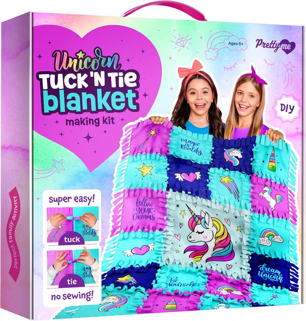 Pretty Me Unicorn Tuck N' Tie Fleece Blanket Kit - DIY Crafts for Girls Ages 6+ Year Old - Best Arts & Craft Girl Gifts Ideas - No Sew Blanket Making Kit - Kids Gift Toys Kits
