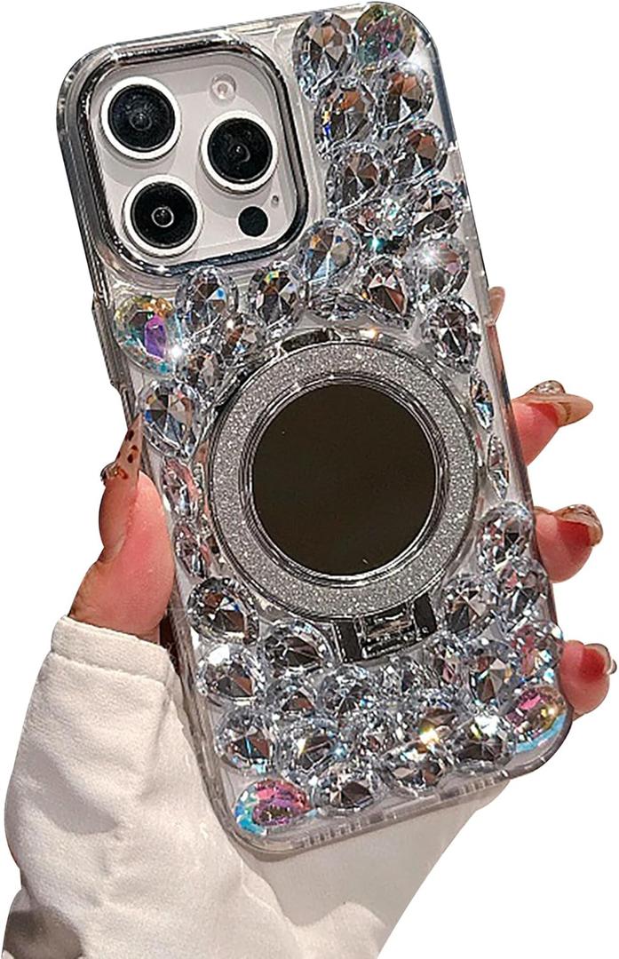 iFiLOVE for iPhone 17 Pro Max Case with Magnetic Mirror Stand, Compatible with MagSafe Luxury Bling Diamond Crystal Rhinestone Phone Case Cover for Girls Women (Clear)