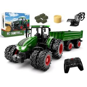 Remote Control Tractor Toy with Trailer | Metal Front & Front Loader Farm Vehicle Set with Lights & 8-Wheel Design, RC Tractor Truck for Boys & Girls Ages 3-9, Fun Farm Toy Gift for Toddlers & Kids
