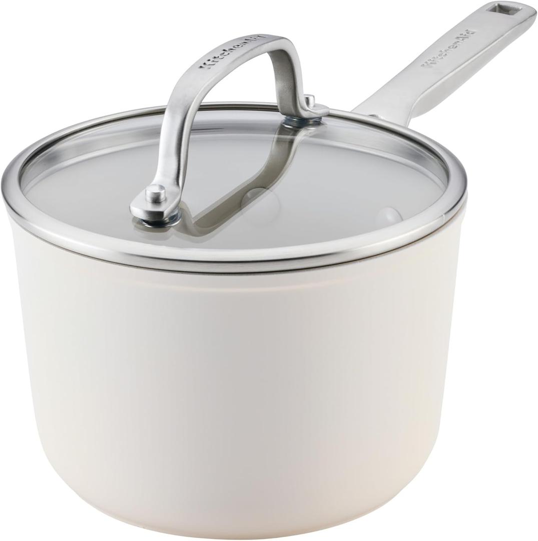 KitchenAid Hard Anodized Ceramic Induction Nonstick Cookware Saucepan with Lid, Dishwasher Safe, 2 Quart Non Stick Sauce Pan with Stainless Steel Handle - Porcelain White