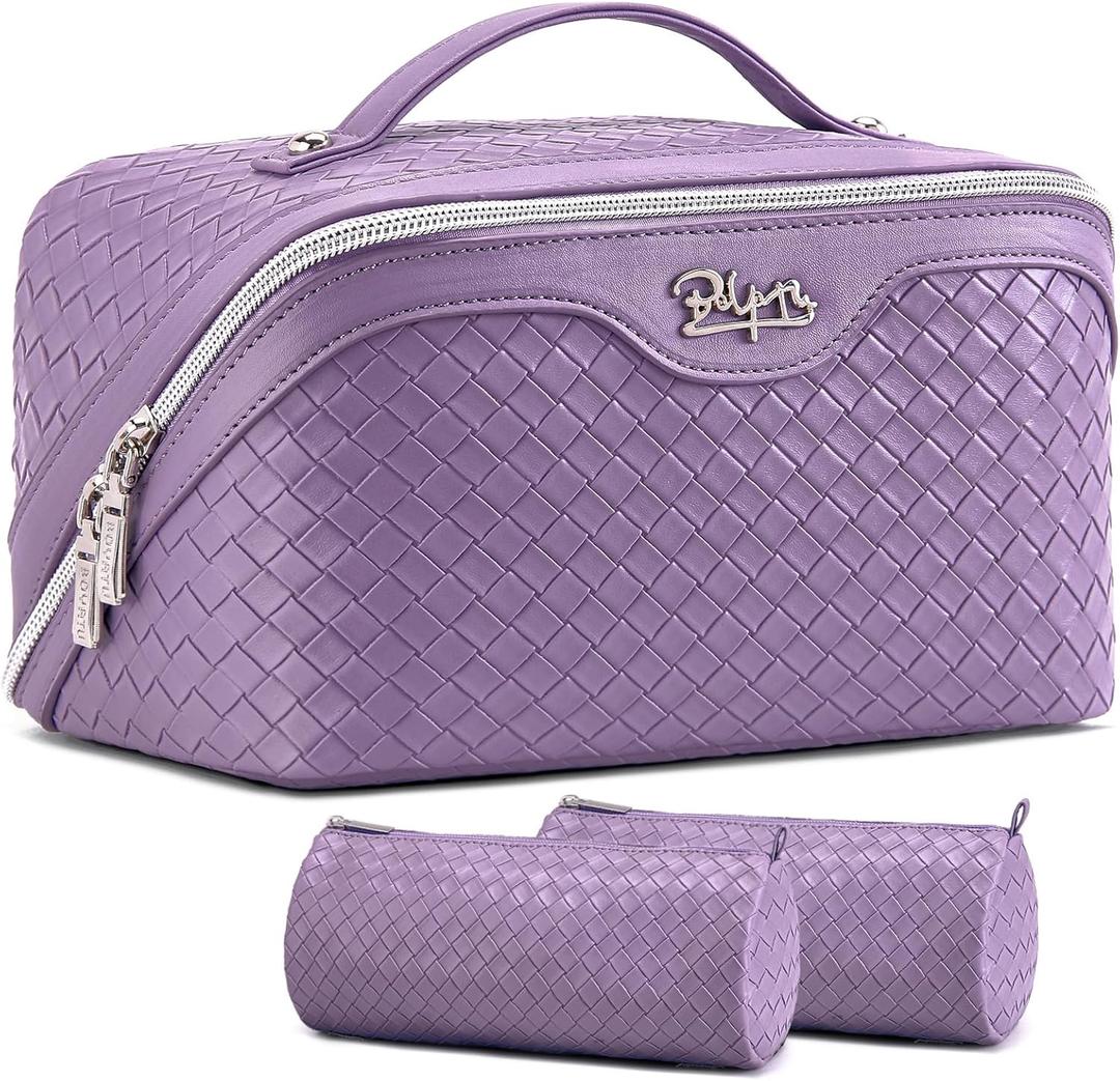 BOYATU Travel Makeup Bag Cosmetic Bags for Women: Large Capacity 3 Pcs Set Make up Bag with Compartments - Waterproof Vegan Leather Toiletry Organizer Bags with Handle (Purple)