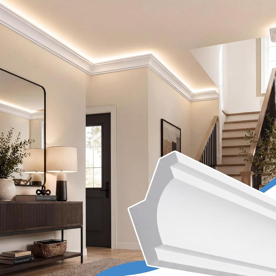 Pangda 6 Pcs 47.24" (Total 23.62 ft) Ceiling Crown Molding with LED Duct Kit for Seamless Ambient Accent Lighting Waterproof Channel for Easy LED Trim Moulding Strip Installation