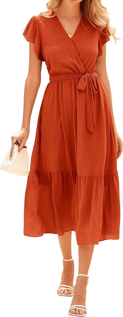 BTFBM Women Summer Bohemian Floral Casual Wrap V Neck Ruffle Cap Sleeveless Belt A-Line Pleated Hem Midi Sun Dress White (Orange, S)
