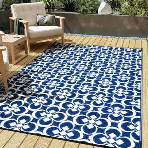 HUGEAR Outdoor Plastic Straw Rug, Waterproof Outdoor Rugs for Patios Clearance, Reversible Area Rug, Large Outside Carpet for Camping, Balcony, RV, Deck, Picnic, Beach (5x8ft Clover/Blue&White)