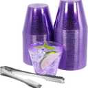 100 PURPLE Rimmed Plastic Cups and 1 Silver Ice Tong Set - 9 Ounce Disposable Cocktail Glasses - Plastic Cups - Black Party Decorations - Wedding Party Supplies