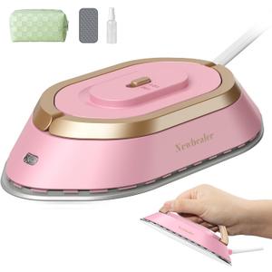 Newbealer Travel Iron with Global Voltage, 100-240V Mini Dry Iron for Clothes (No Steam), Max 300W, 60s Heat Up, 302 Non-Stick Ceramic Soleplate, 0.8lbs Ultra-Lightweight (Pink)