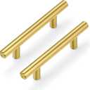 Plustool 30Pack 3''Hole Centers Gold Cabinet Handles-Brushed Brass Cabinet Pulls Gold Dresser Drawer Pulls-Stainless Steel Door Hardware for Kitchen Bathroom Bedroom Furniture-5''Overall Length