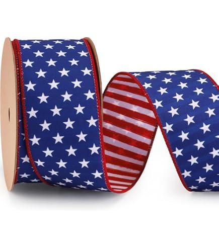 LaRibbons Patriotic Ribbon Wired, 4th of July Reversible Red White Blue American Flag Ribbon 2.5 Inch x 12 Yard Continuous for Independence Memorial Day Gift Wrapping DIY Crafts