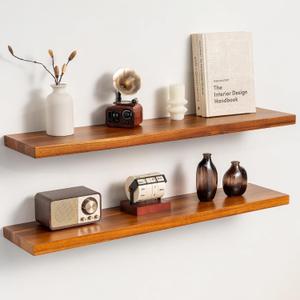 36 Inch Teak Floating Shelves Set of 2 - Solid Natural Wood Wall Mounted Shelves with Invisible Brackets - Heavy Duty Waterproof Storage for Bathroom, Kitchen, Living Room & Outdoor