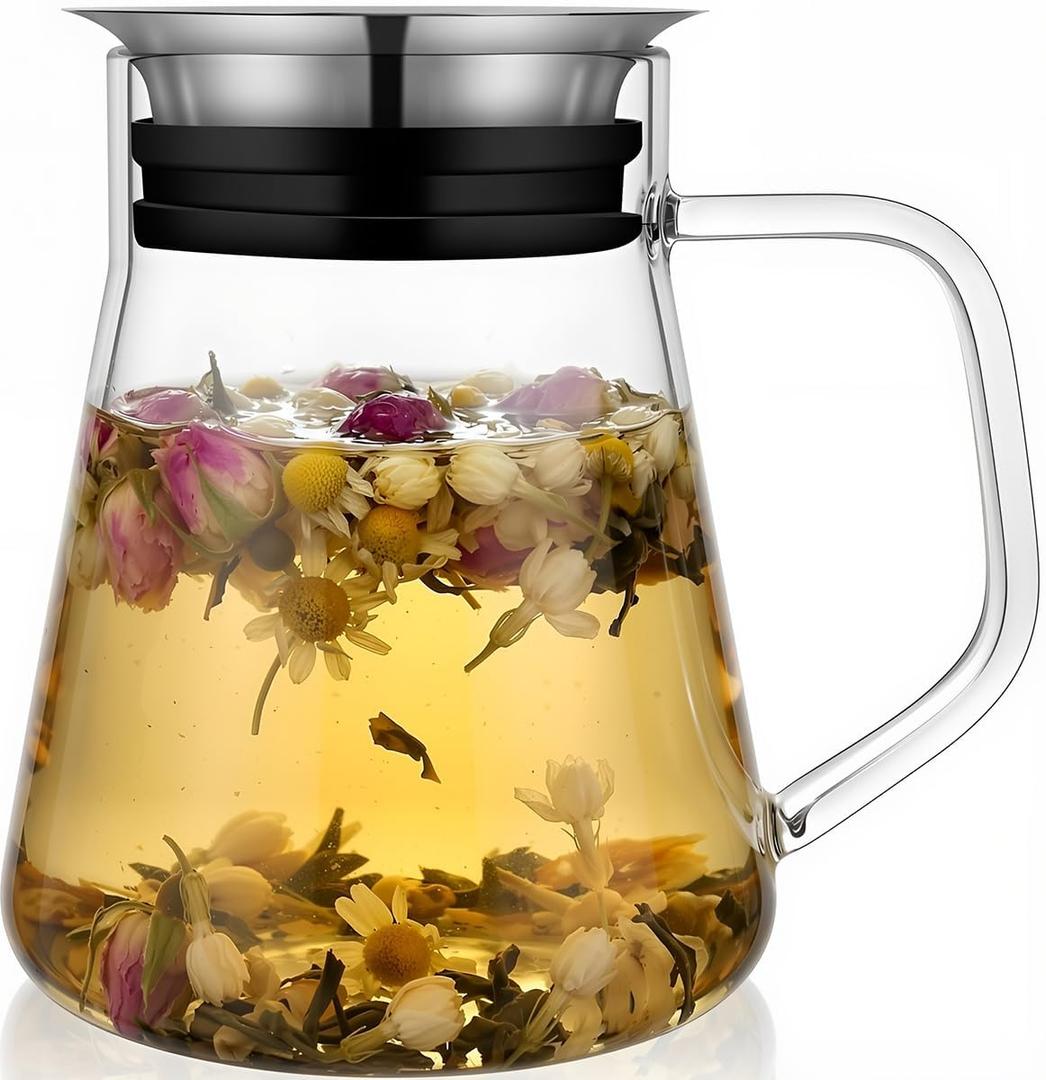 Aquach 27oz Glass Teapot with Smart Filter Lid, Stovetop Safe Borosilicate Glass Tea Kettle with Built-in Stainless Steel Infuser, Dishwasher Safe Hot & Iced Tea Maker, Plastic-Free