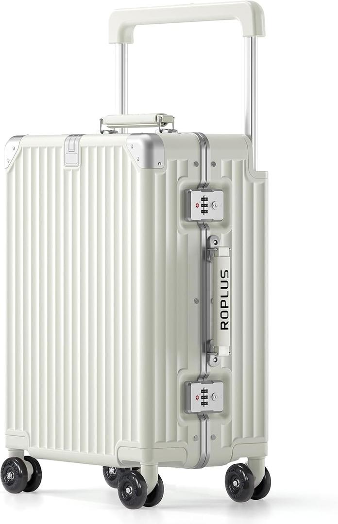 ROPLUS Aluminium Frame Carry on Luggage with Smooth Jelly Wheels, Hardside Zipperless Rolling Suitcase with TSA Lock (Pure White, 21-Inch)