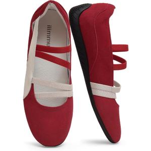 iiimmu Fashion Sneakers Ballerina Flats with Elastic Straps Casual Walking Shoes Lightweight Comfortable Dress Flats with Rubber Sole Faux Suede (8, Red White)