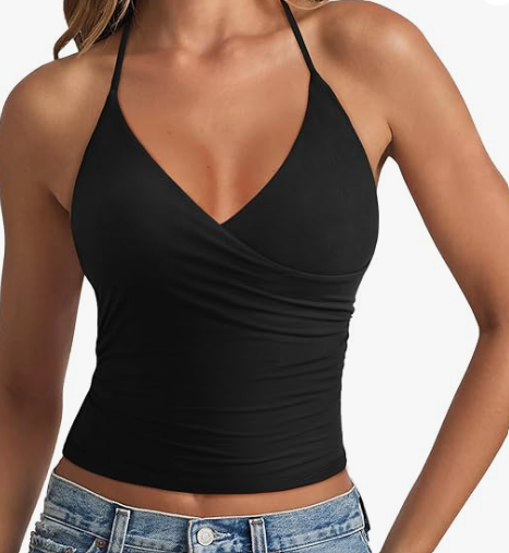 REORIA Women's Basic Cross Wrap V Neck Backless Double Lined Halter Tank Tops Cute Summer Trendy Sleeveless Shirts, Small