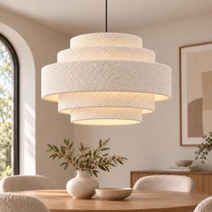 20'' Modern 5-Tier Chandelier, Large Plush Drum Pendant Light for Kitchen Island, Adjustable Height & White Shade, Coastal Hanging Lighting Fixture for Dining Room, Living Room, Bedroom, Foyer