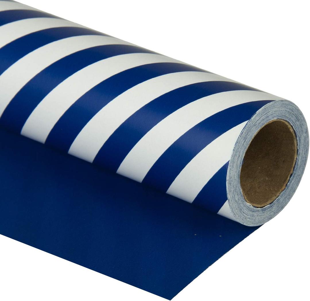 WRAPAHOLIC 30 Inch Reversible Navy Blue Wrapping Paper - Navy Blue and Stripes Wrapping Paper for Birthday, Holiday, Wedding, Baby Shower - 30 inch x 33 feet, 30x394 Inch