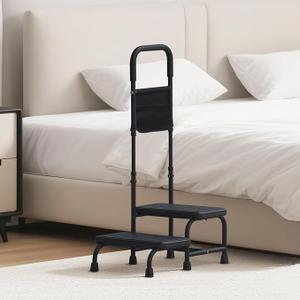 Step Stool with Handle for Elderly Adults, Portable Footstool Bed Steps for High Beds, Two Step Stools for Seniors with Adjustable Handrail Non-Skid Platform, Foot Stool for Kitchen Bathtub (Black)