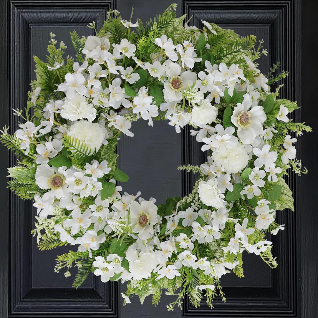 White Faux Silk Flower Spring Summer Easter Wreath 20-22" for Front Door  Anemone Daisy Tagetes Erecta Green Eucalyptus and Fern Leaves  Farmhouse Front Porch Wreath, Outdoor Indoor Use