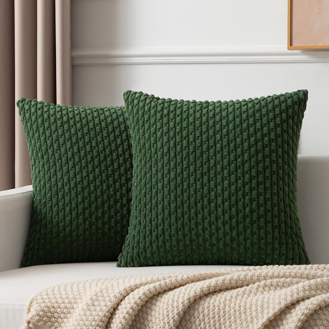 Kevin Textile Pack of 2 Corduroy Decorative Throw Pillow Covers 18x18 Inch Soft Boho Striped Pillow Covers Modern Farmhouse Home Decor for Sofa Living Room Couch Bed Dark Green