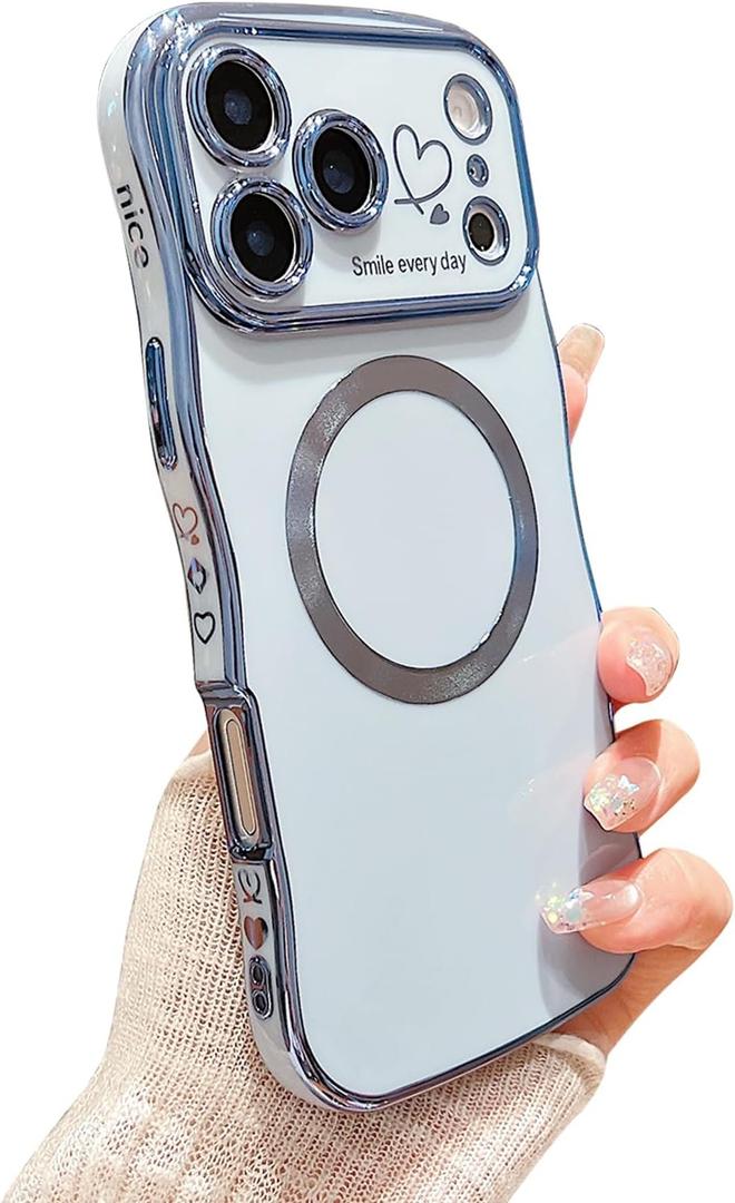 for iPhone 17 Pro Case Magnetic,for Women Girls Soft Cute Wave Frame Curly Shape Love Heart Luxury Plating Phone Case Compatible with MagSafe Shockproof Back Cover 6.3"-Blue
