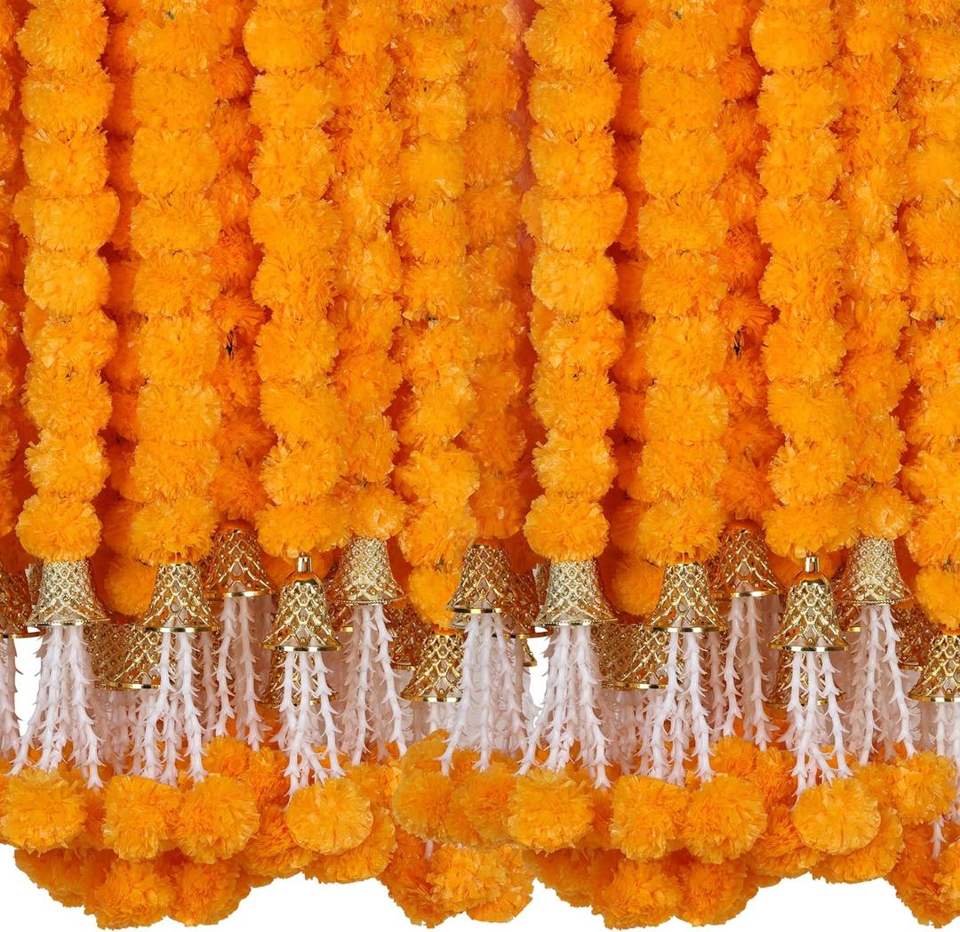 Marubhumi 5 PC 5 Feet Long Strands Artificial Marigold Flowers Garland for Diwali Decor, Garland for Decoration, Diwali Decorations for Home, Christmas Decor Wedding Decor (Mango)