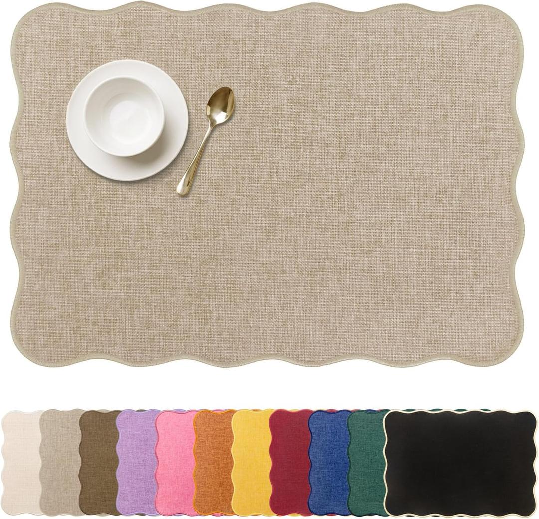 AHHFSMEI Faux Linen Placemats Set of 6 Heat Resistant Non-Slip Stain Proof Table Mats for Kitchen Dining Elegant Decor Place Mats (Linen Beige)