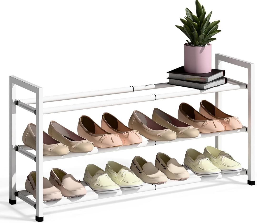 Bumusty 3-Tier Expandable Shoe Rack for Closet, 18-33 Adjustable Shoe Rack for Small Space, Small Shoe Organizer for Front Door, Sturdy Metal, White